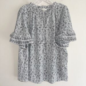 Max Studio Boho Peasant Top Plus Size 1X White Black Ruffled Short Sleeves